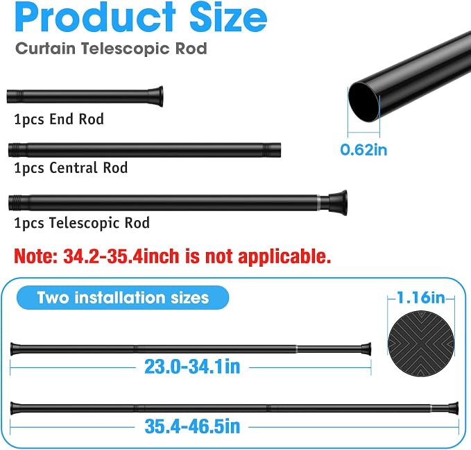 2Pack Black Tension Curtain Rods 23 to 46 Inch,Spring Loaded Curtain Rods No Drilling,Small Tension Rod for Windows Door Closet,Pressure Rod