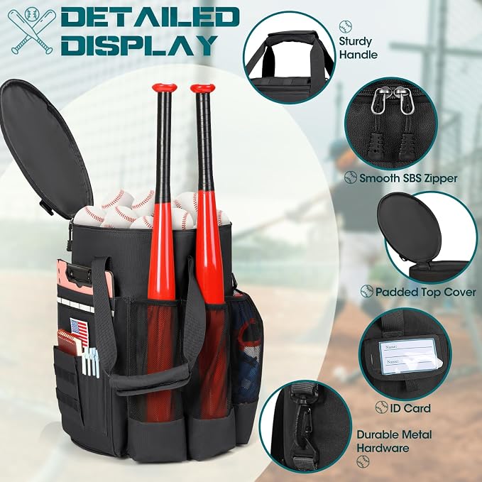 RAINSMORE Baseball Bucket Bag Baseball Coaches Accessories Organizer with Insulation Pocket Tactical Softball Bag with Anti-Slip Bottom, Multiple Pockets for Bat, Gloves, Scoreboards