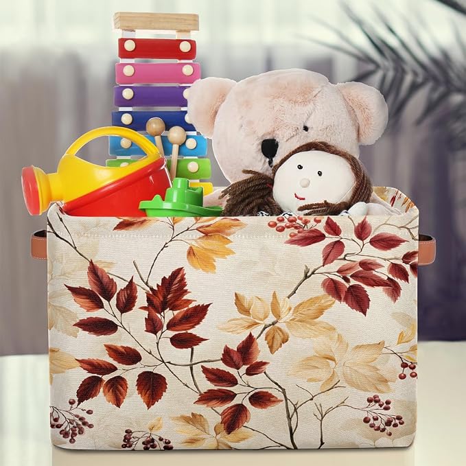 Rectangular Storage Baskets Autumn Leaves And Berries Fabric Storage Bin Toy Organizer Box with PU Leather Handles for Room Decor