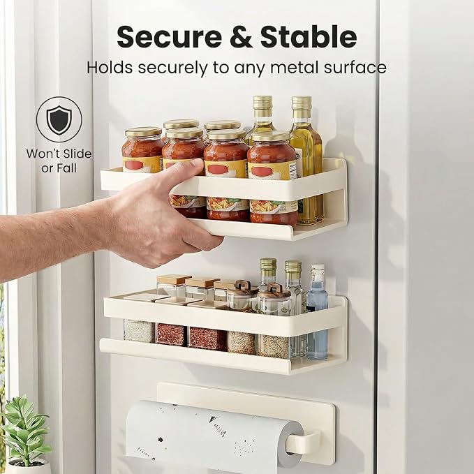 Metal 4 Pack Magnetic Shelf Include Magnetic Spice Rack for Refrigerator,Magnetic Paper Towel Holder,Magnetic Hooks for refrigerator Space-saving design,Small Space Organization (white)