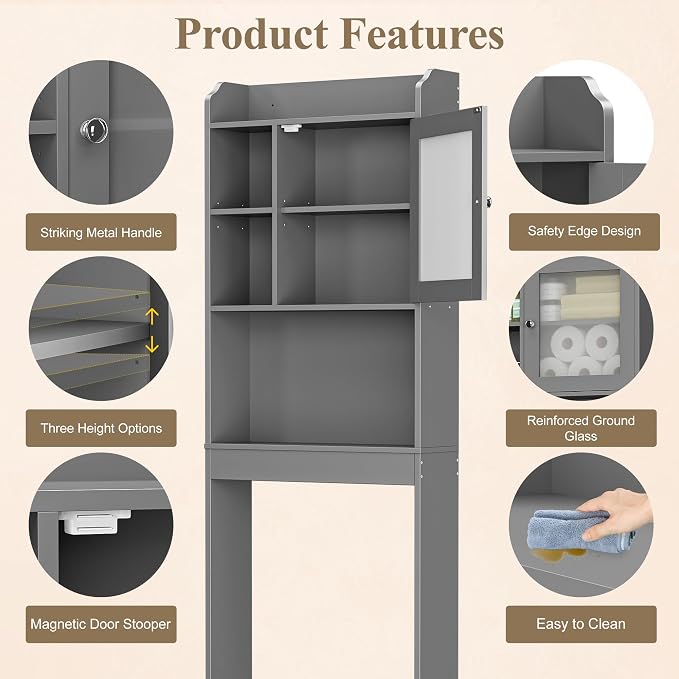 ZENY Over The Toilet Storage Cabinet, Bathroom Organizer with Adjustable Shelf and Double Doors, Freestanding Bathroom Space Saver Toilet Rack (Gray)