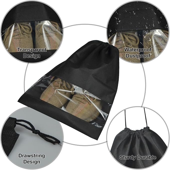 5 Pack Shoe Bags for Travel, Drawstring Bag for Men Women, Shoe Storage, Travel Essentials, Organization Accessories (5, Black)