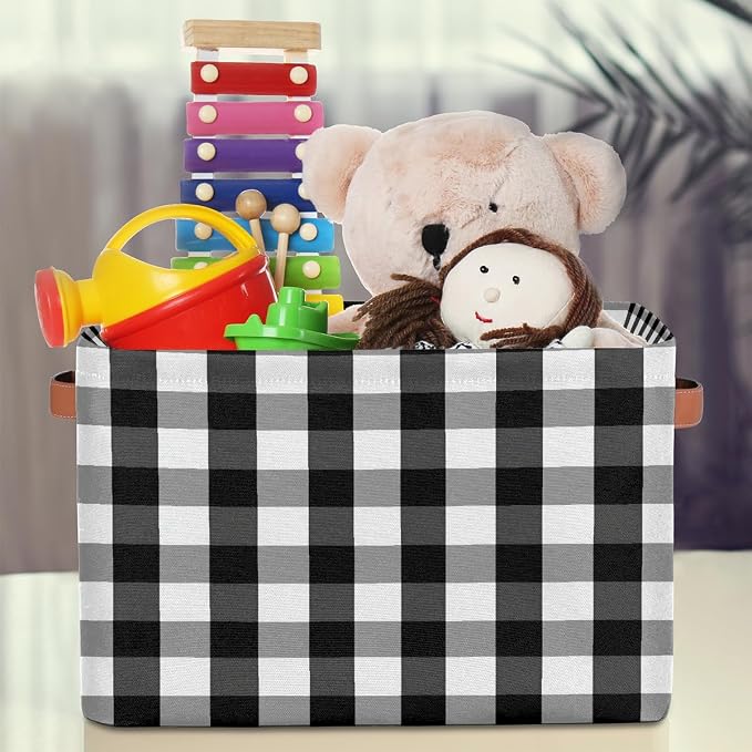 Rectangular Storage Bins Black White Gray Check Plaid Collapsible Fabric Storage Basket Organizer with Handles for Nursery Bedroom Bathroom