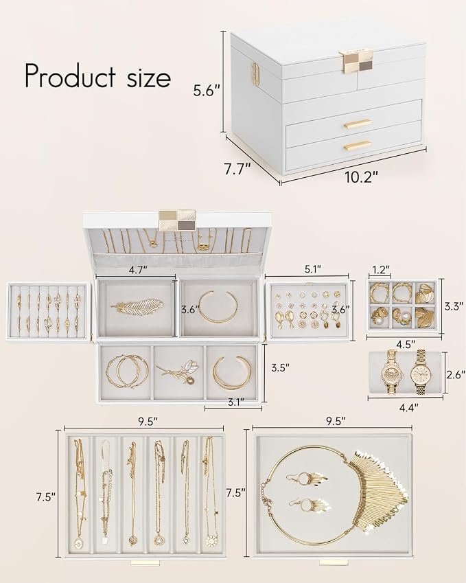 VLANDO 4 Layers Jewelry Box - Women Jewelry Box with Retractable Tray - Jewelry Organizer with Drawer for Necklaces, Rings, Bracelets, Earrings, Gift for Couples Mom Girls - White