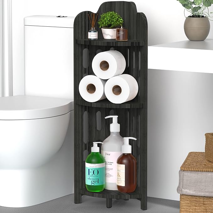 Meangood Bathroom Corner Shelf Stand, 3 Tier Solid Wood Display Shelf for Narrow Space, Shower Corner Shelf, Plant Stand Nightstand, for Living Room, Bedroom, Home Office, Elegant Black