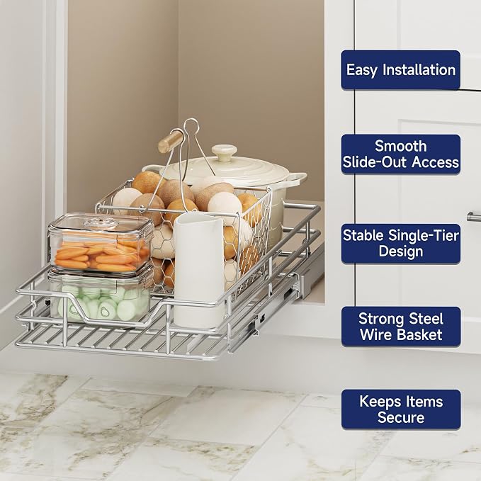 Pull Out Cabinet Organizer, 10.5" W x 18" D, Heavy Duty Chrome Slide Out Shelf for Narrow Base Cabinets, Sliding Wire Basket Drawer for Spices, Bottles, Snacks & Cleaning Supplies