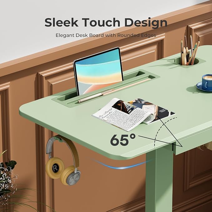 28" Mobile Standing Desk with Drawer, Portable Laptop Desk | Rolling Desk with Cup Holder and Hooks, Height Adjustable Computer Cart with Storage, Lockable & Hidden Wheels, Sage Green