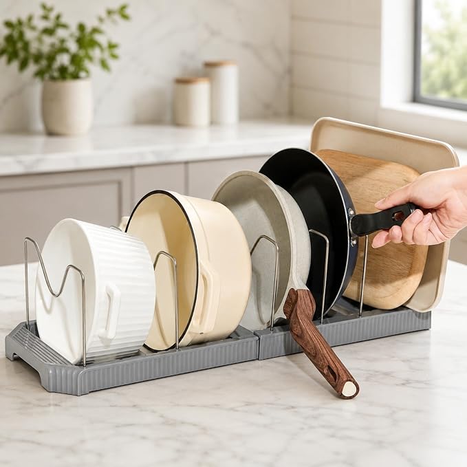 Pots and Pans Organizer Under Cabinet, Adjustable Pot and Pan Organizer Rack, 7 Stainless Steel Dividers, Pot Lid Organizer for Cabinet, Expandable Pan Organizer for Pots, Pans, Lids, Plates Gray