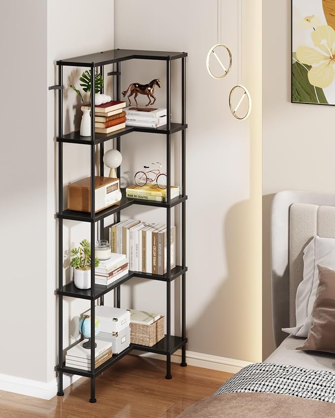 HIGDBFE 5-Tier L-Shaped Corner Bookshelf, 60" Tall Modern Corner Shelf | L-Shape Corner Fits Living Room, Bedroom, or Home Office Corners, 5 Open Shelves, Display Rack for Books, Plants, and More