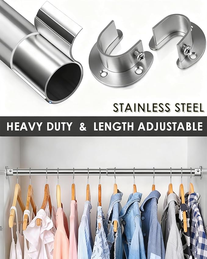 Premium Stainless Steel Closet Rod 1.0mm/1.3", Heavy Duty Adjustable Hanging Bar for Clothes Organization, No-Splice 1-Piece Telescoping Design (Silver, 26.9" - 46.9")