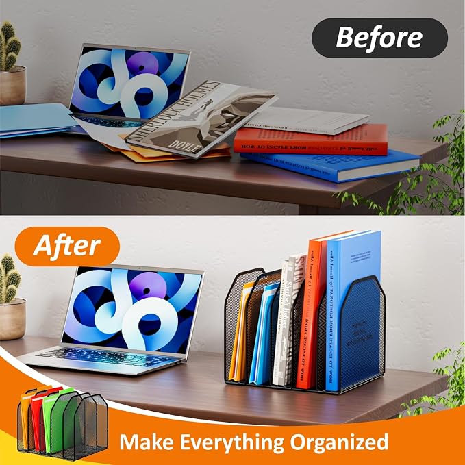 FUCDTEFC Desk File Organizer, Adjustable 5 Sections Upright Desktop Organizer File Sorter, Sturdy Metal Mesh Vertical Bookshelf File Holder Workspace Accessories for Home,School,Office Classroom,Black