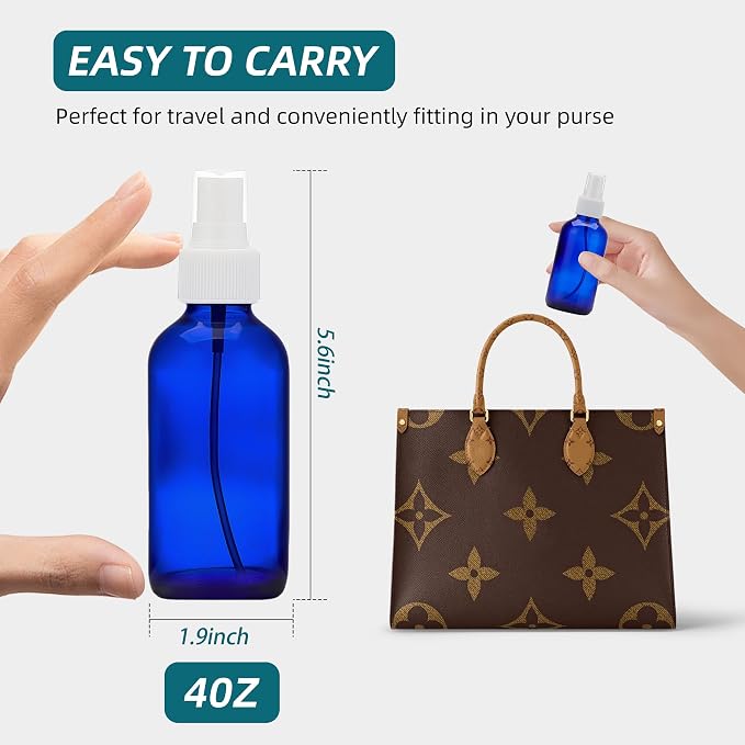 Cobalt Blue Glass Spray Bottles 4 oz, Small, Fine Mist, 4 Pack | For Essential Oils, Facial Care, Hair Care, Perfumes, Plants, Room Sprays, Travel, Cleaning Solutions
