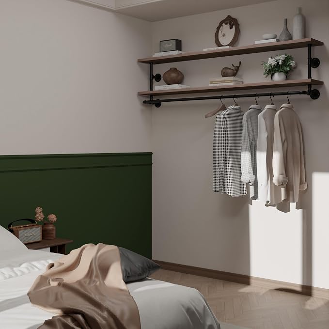 Clothes Rack 70in, 2-Tier Wall Mounted Garment Rack with Real Wood Shelf, Heavy Duty Hanging Clothes Rack, Multi-Purpose Hanging Rod, Space-Saving Closet Storage