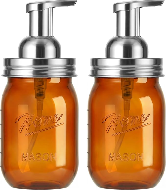 Amolliar Plastic Mason Jar Foaming Soap Dispenser Pump Lid, 16oz Foam Soap Dispenser with Cute Lables - Amber Refillable Hand Soap Dispenser for Bathroom Kitchen Shower (2 Pack, Silver)