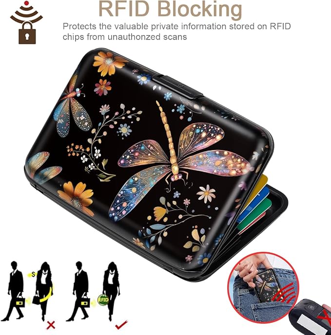 Coco Rossi Credit Card Holder RFID Aluminum Small Mini Wallet Women | Metal Wallet, Business Cards Holder, ID Case, Slim Sleeves, Womens Girls Gift, Carry Proof Wallets for Travel, Dragonfly