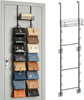 Over The Door Purse Organizer Black | Metal Hanging Handbag Storage with 16 Hooks & Metal Frame Basket, Wall Mounted Bag Holder Can Use As 1/2 Part