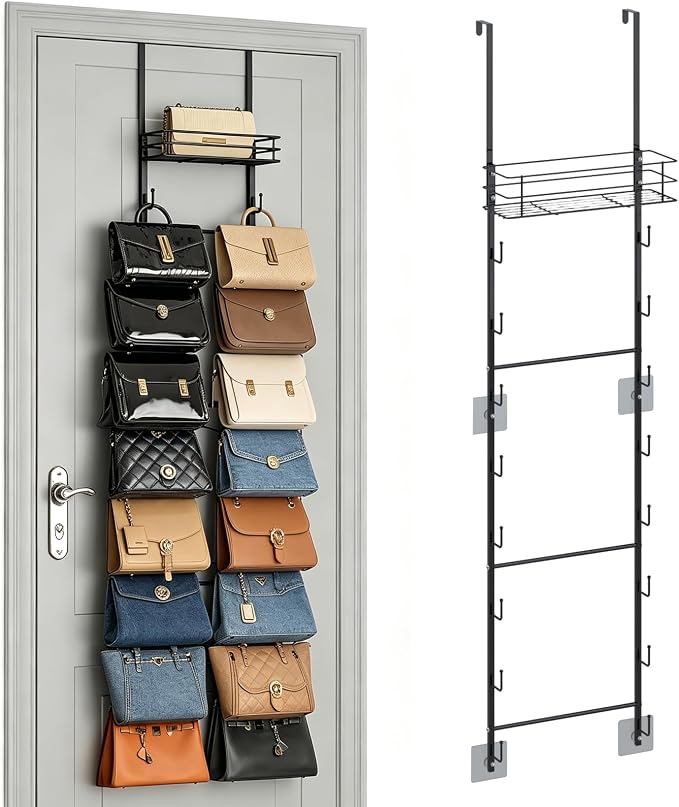 Over The Door Purse Organizer Black | Metal Hanging Handbag Storage with 16 Hooks & Metal Frame Basket, Wall Mounted Bag Holder Can Use As 1/2 Part