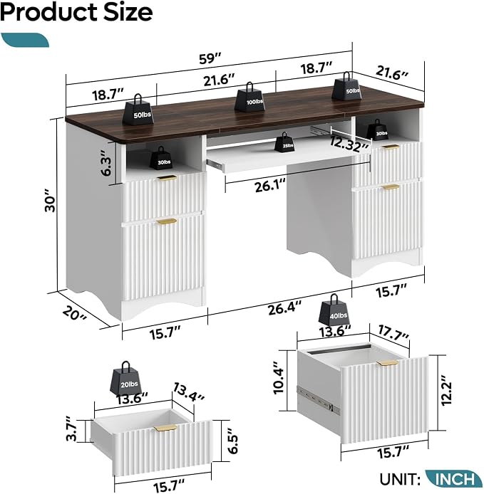 Bestier Computer Desk with Keyboard Tray, 59 inch Office Desk with 4 Drawers, Modern Home Office Desk with File Drawer (Walnut with White, 59" W with Double-Sided Drawers)