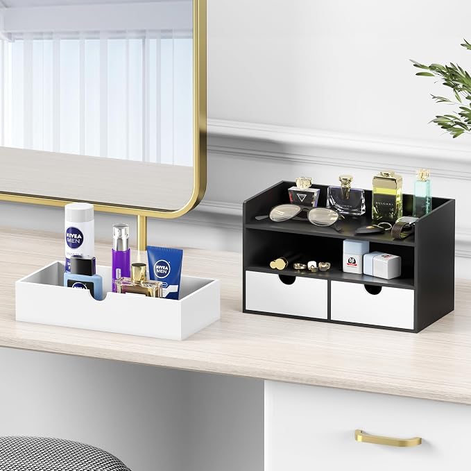 Bamboo Desk Organizer with Drawers, Desktop Storage for Office Supplies | 3 Drawers Desktop organizer, No Assembly Required, Natural Wood Wooden Desktop Drawers Box for Bills, Cosmetics, Seals, Paper