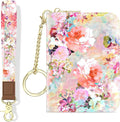 Aiawoxc Credit Card Holder, Small RFID Wallet Slim Leather Card Organizer Case with Zipper and Wristlet Strap, Watercolor Flowers