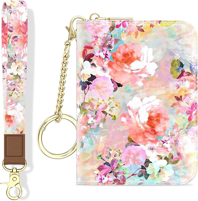 Aiawoxc Credit Card Holder, Small RFID Wallet Slim Leather Card Organizer Case with Zipper and Wristlet Strap, Watercolor Flowers