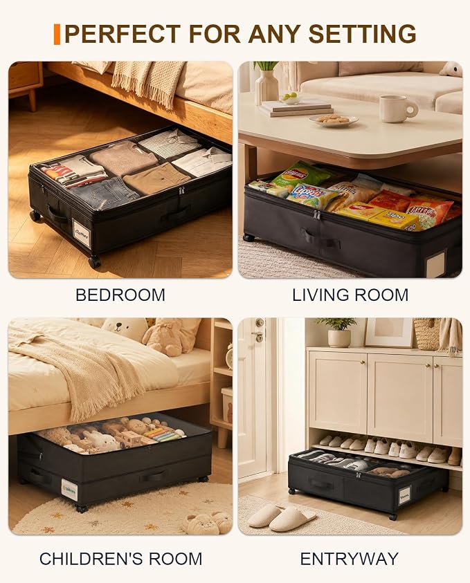 Under Bed Storage w/Wheels,70L Under Bed Containers,2 Pack-Black | 11.5 Inch Under Bed Storage Containers,70L Large Adjustable Underbed w/ Lids,Rolling Underbed Storage Bins for Shoes,Clothes