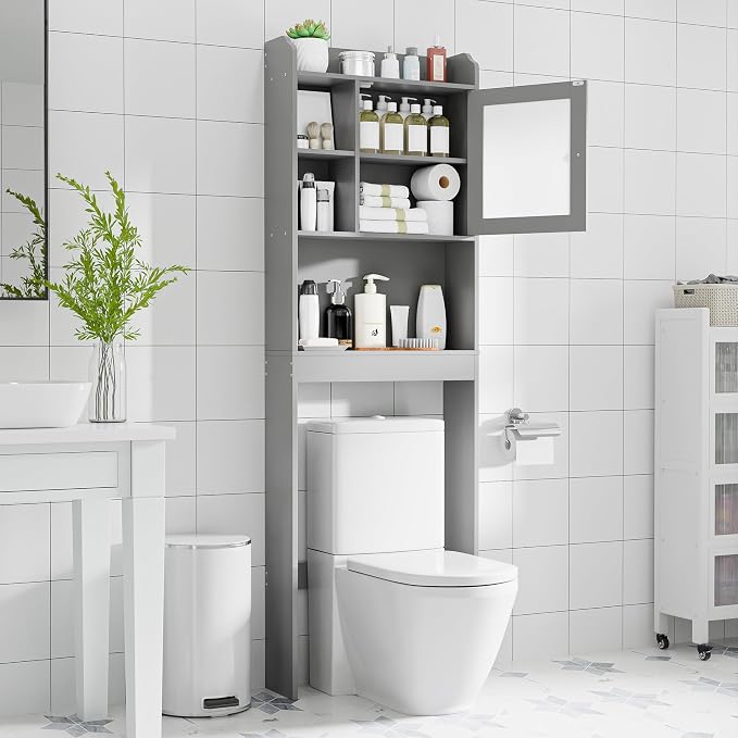 ZENY Over The Toilet Storage Cabinet, Bathroom Organizer with Adjustable Shelf and Double Doors, Freestanding Bathroom Space Saver Toilet Rack (Gray)