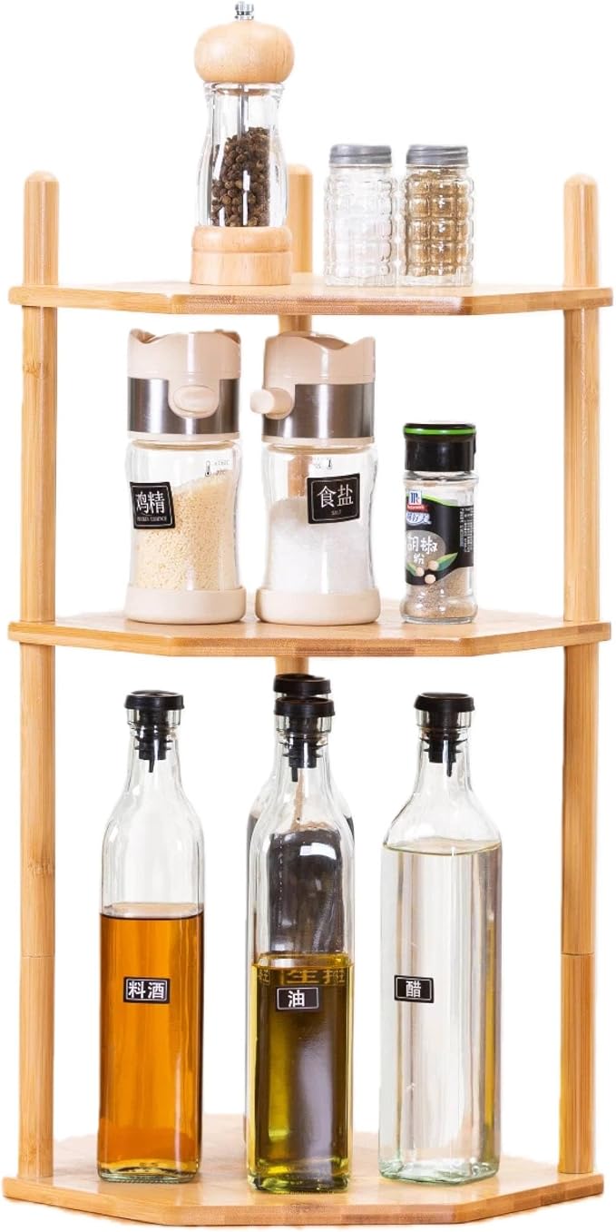 3-Tier Expandable Bamboo Corner Shelf - Dish/Plate Organizer for Cabinet, Kitchen Counter Shelf & Small Kitchen Shelf, Adjustable (Natural, 1-Pc 11.4" H)