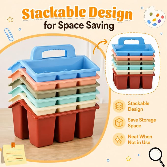 Plastic Classroom Caddy with Handle, 6 Pack 4-Compartment Teacher Supply Organizer, Stackable Desk Caddies for Pencils, Markers, Crayons, Art Craft Supplies, School Office Home, Modern Pastel Colors
