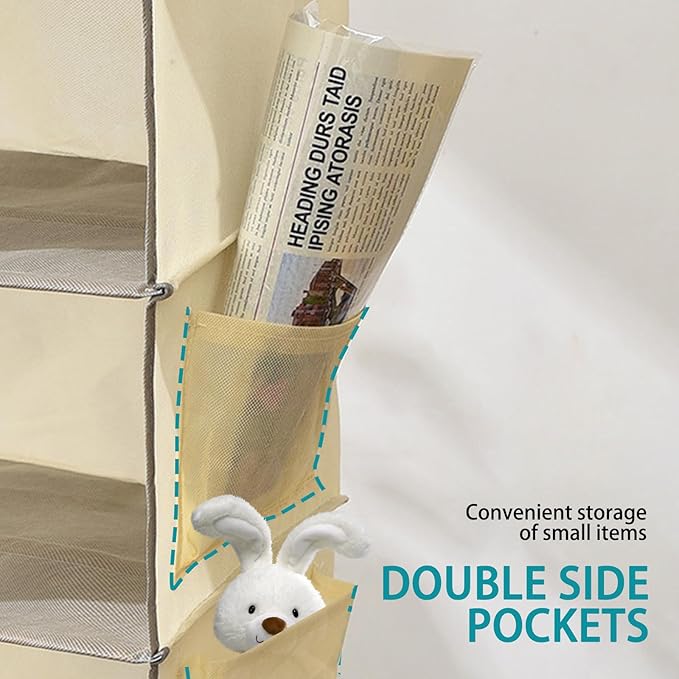 6-Shelf Hanging Closet Storage,Strong Frame Beige Closet Organizer with Side Pockets for Clothes and Accessories, Closet Organizers and Storage Solution, Send Goods from Local Warehouse