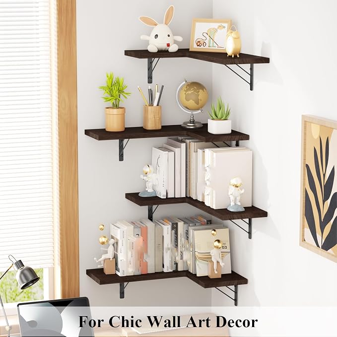 Love-KANKEI Corner Wall Shelf Set of 4,Solid Wood/Bracket,16.5"x 11",Brown | Easy to Install,Floating Wall Shelves,40 Lbs/shelf,For Bedroom Living Room Bathroom Kitchen Office,Storage Display,Wall Decor