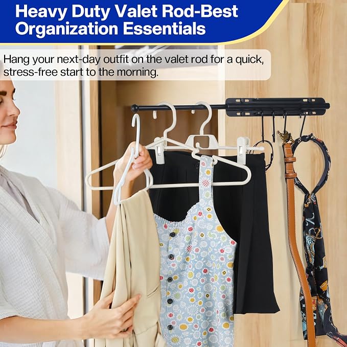 SUTINE 12 inch Valet Rod for Closet Pull Out, Heavy Duty Closet Valet Rods Slide Out, Adjustable Pull Out Closet Rods for Hanging Clothes with 4 Hooks Closet Organizers and Storage (Black)