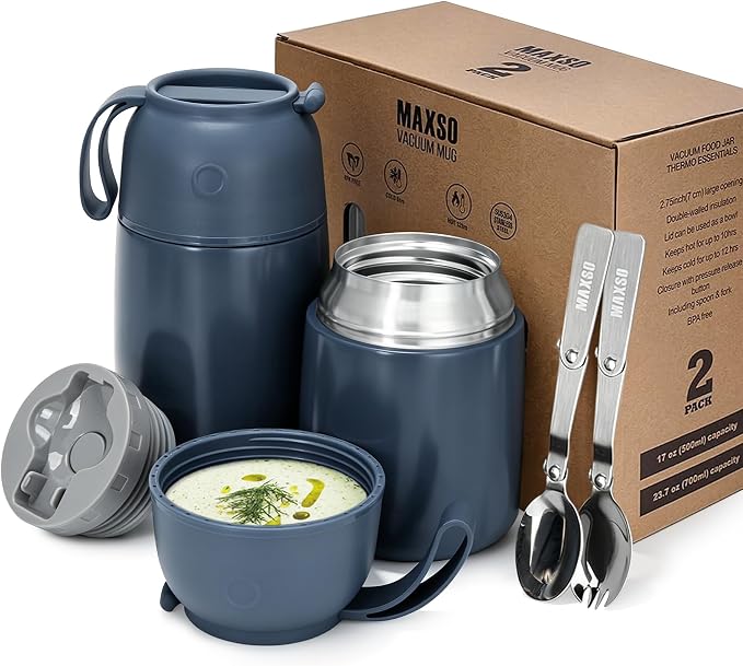 MAXSO 2 Pack Soup Thermo for Hot & Cold Food for Kids Adults, Vacuum Insulated Food Jar Thermal Lunch Containers, Travel Food Flask with Spoon (24 oz,17 oz) (Dusty Blue)
