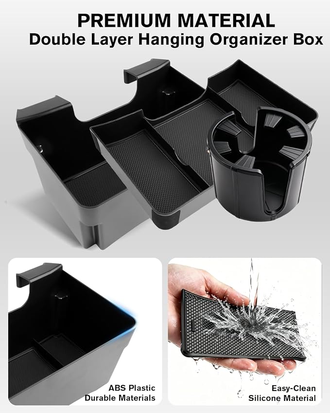 For Double Layer Center Console Hanging Organizer Box&Large Cup Holder Compatible with 2019-2026 Silverado/Sierra 1500& 2020-2026 Silverado/Sierra 2500/3500 Accessories(Split-Bench Folding Seat Only)