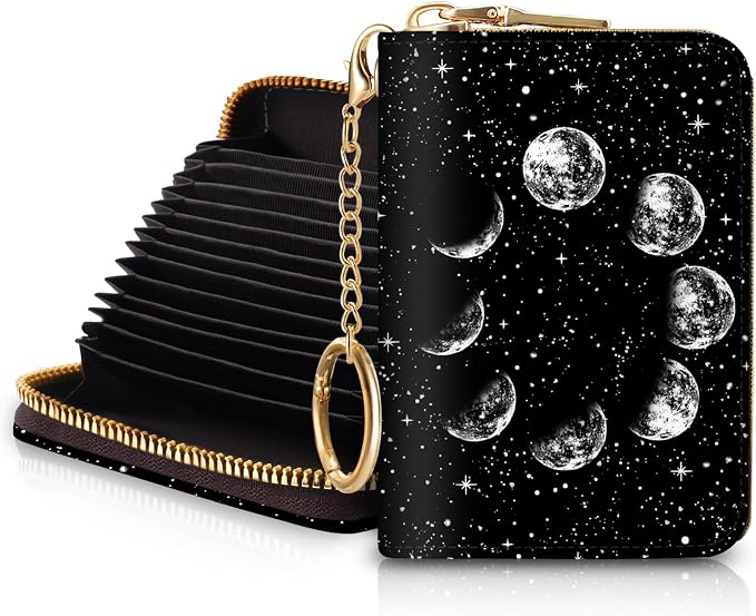 Blusabaca RFID Credit Card Holder Small Women Travel Wallet, Night Moon | Removable Keychain, Case with Zipper, Vegan PU Leather, Cash Coin Pocket, Business Accordion Purse, Ladies Female Gift