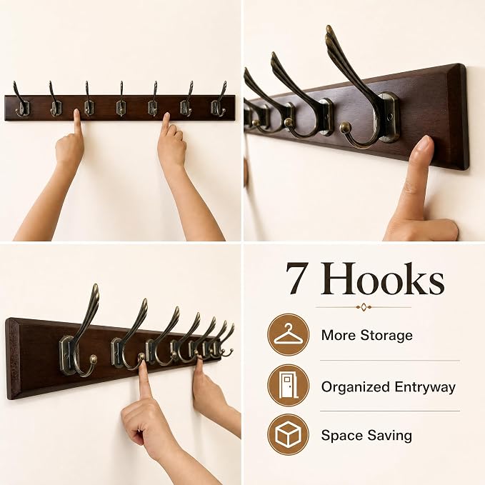 Wall Mounted Coat Rack with Solid Wood, 7 Bronze Metal Hooks – 27.56 Inch Rustic Brown Entryway Organizer for Hanging Coats, Hats, Jackets, Scarves, Bags, for Hallway, Bedroom, Bathroom（7Hooks）