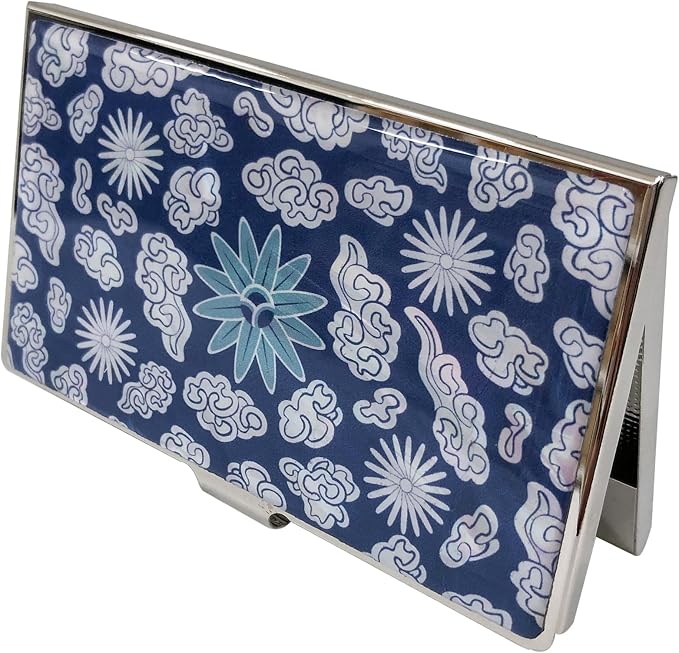 Mother of Pearl Business Card Case Credit Id Name Holder Travel Wallet Art Painting Design Metal Stainless Steel Engraved Slim Purse Pocket Cash Money Wallet (Mum Cloud)