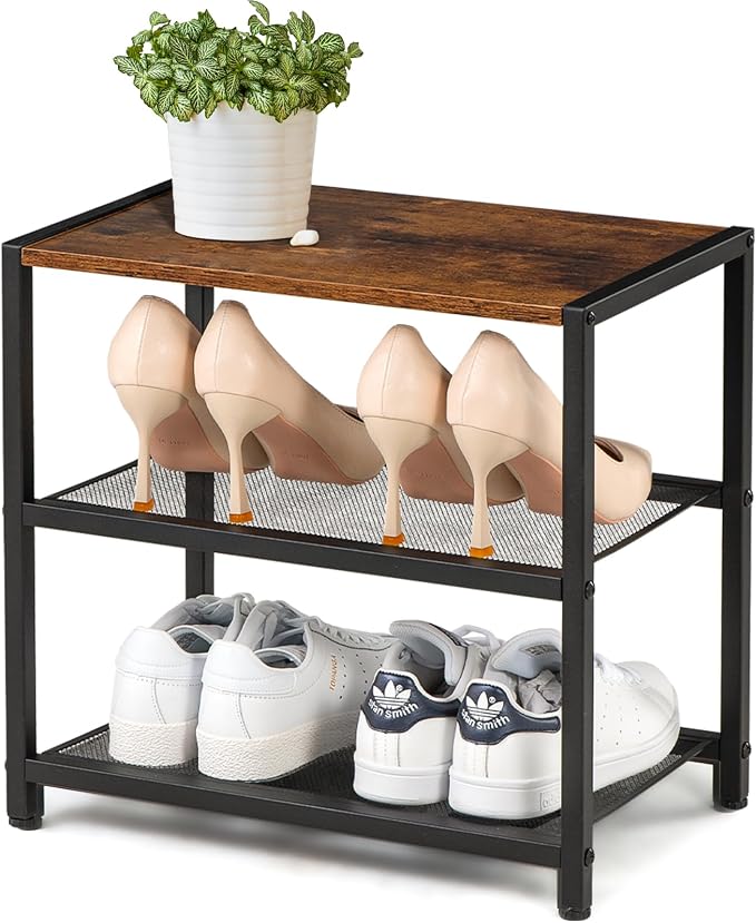 Small Narrow Shoe Rack for Entryway, 3-Tier Metal Wood Shoe Shelf | Shoe Storage Organizer, Holds 6 Pairs, Wooden Table Top, Mesh Shelves, for Front Door Entrance Closet Floor Hallway Bedroom