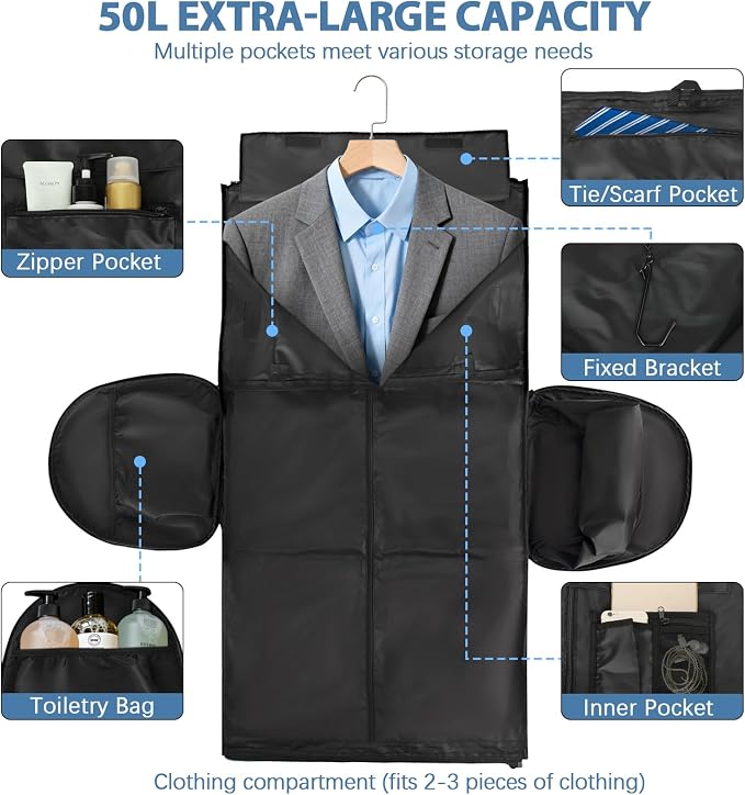 Garment Bags for Travel,50L Carry on Convertible Garment Duffle bag with Shoulder Strap,3 in 1 Hanging Suit Travel Bag with Shoulder Strap