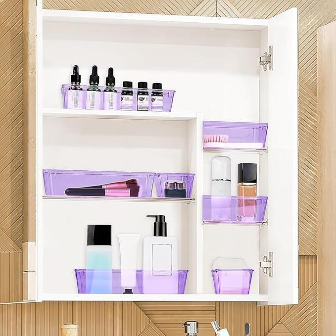 StorMiracle 23 PCS Drawer Organizer Set, 5 Varied Size Bathroom and kitchen Drawer cabinet organizer Trays, Clear Storage Bins for Makeup, Jewelry, Utensils and Gadgets, Purple