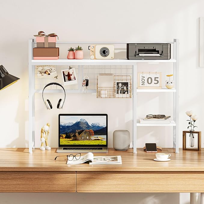 Snughome Desk Shelf, 38.6" Desktop Organizer Shelf, Desk Hutch for Computer Monitor, 4 Tier Desktop Display Rack with Pegboard Hooks Set, Wood Desk Bookshelf for Home Office Dorm, White