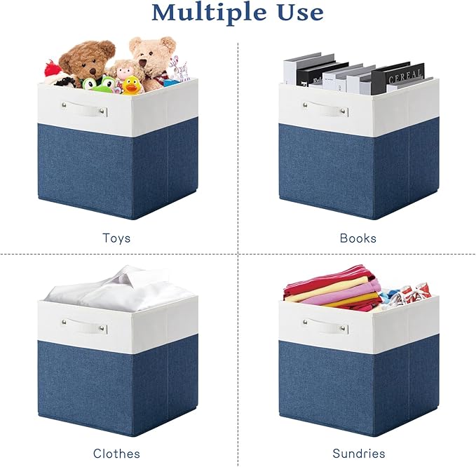 FinishingBo 13 x 13 Inch Fine Linen Storage Bins with Handles，Fabric Cube Boxs，Basket Organizers for Shelves for Home, Closet Drawers (White/Blue-4 Pack)