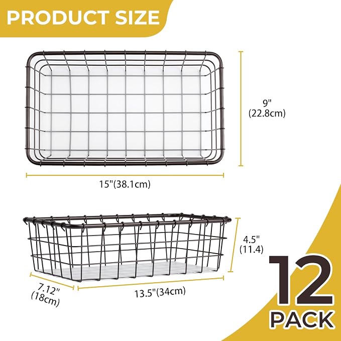 12PK Wire Baskets for Pantry Storage and Organization, Storage Baskets for Shelves with Liners, Kitchen Baskets, Bronze