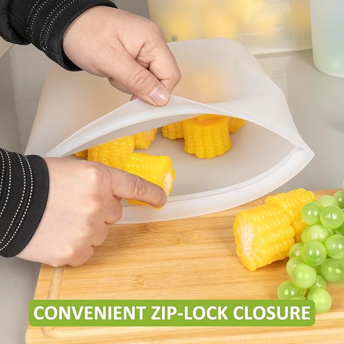 100% Silicone Reusable Storage Bag, 16 Pack Stand-Up Wide-Mouth Zip-Lock Food Storage Bags, Easy-Fill Easy-Open Easy-Clean Space-Saving, Microwave & Dishwasher Safe, 2 XL/4 L/4 M/4 S/2 XS, Translucent