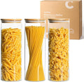 ComSaf Pasta Containers Storage 2 Qt, Spaghetti Container, 3 Pack Glass Jar | 11.3-inch Tall Glass Canisters, Glass Storage Containers wtih Lids 70oz, Noodles, Cereal, Kitchen Dry Food Storage, BPA Free