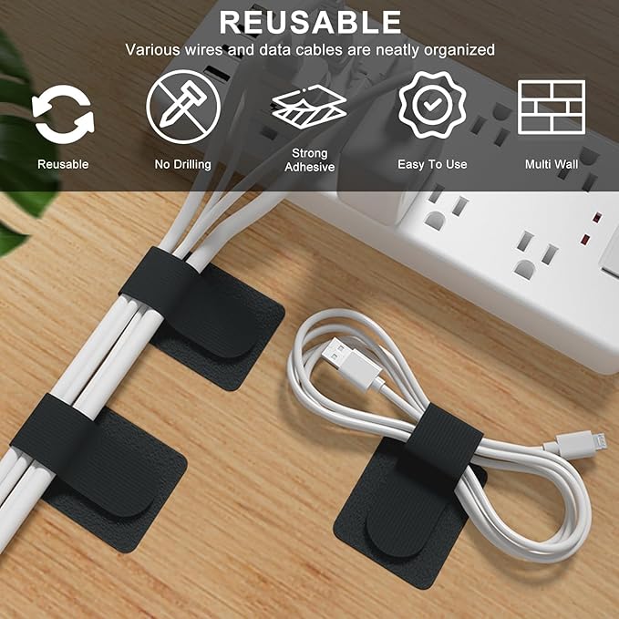 20-Pack Large Reusable Self-Adhesive Cable Ties cable management Adjustable Hook & Loop Straps for Organizing Data Cables, Wires, Headphones Under-Table Cord Management for Home, Office