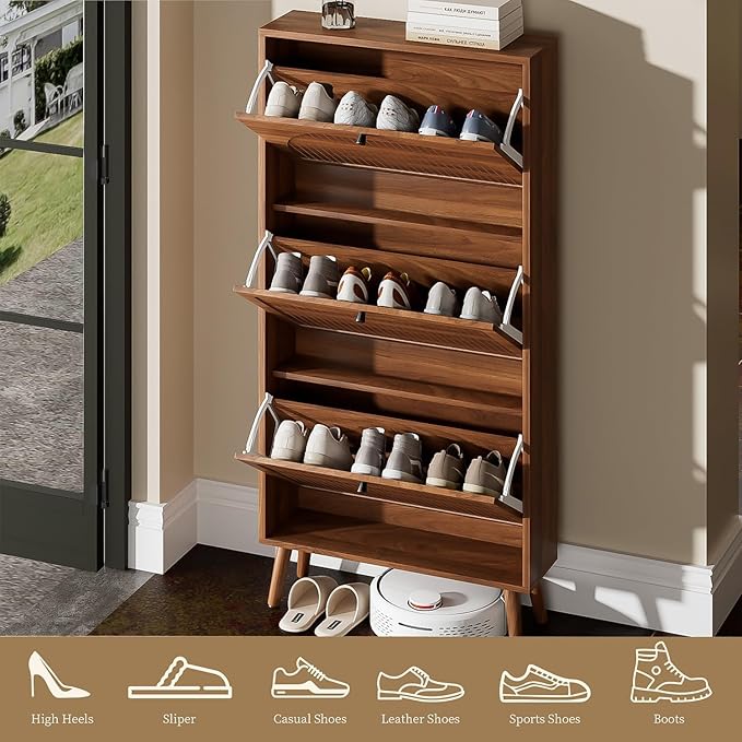 Fsbecl Shoe Storage Cabinet for Entryway with 3 Flip Drawers, Narrow Shoe Organizer with Fluted Panel, Freestanding Wood Hidden Shoe Cabinet for Hallway(Walnut, 23.6''W, Single Layer)