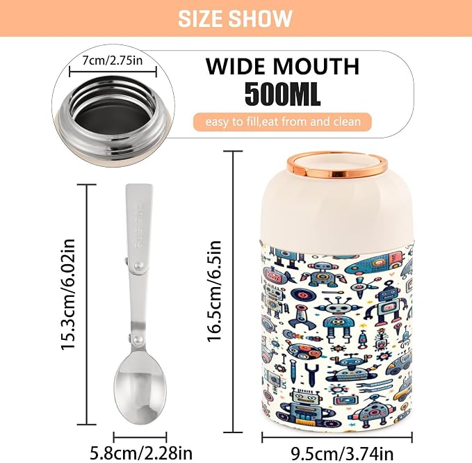 Qilmy Cute Robot Pattern Insulated Food Jar with Spoon, 17oz Stainless Steel Vacuum Lunch Container, Leakproof Hot & Cold Thermo Soup Jar for Kids & Adults