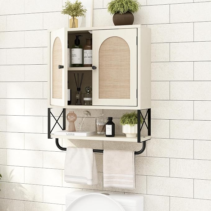 RUSTOWN Rattan Bathroom Wall Cabinet, Boho Over The Toilet Storage Cabinet | Arched Rattan Doors, Modern Medicine Cabinet, Adjustable Shelves, Towel Bar, Vintage White