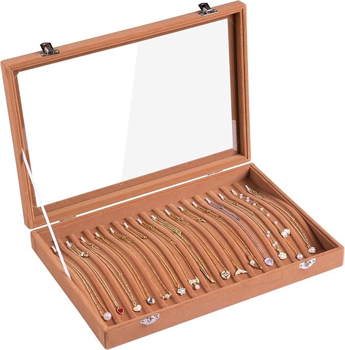 Frebeauty 15 Hooks Necklace Organizer,Velvet Necklace Holder Tray with Lid | Jewelry Organizer for Necklace Pendant Chain,Women Jewelry Box,for Home Use and Jewelry Store,Jewelry Display for Drawer